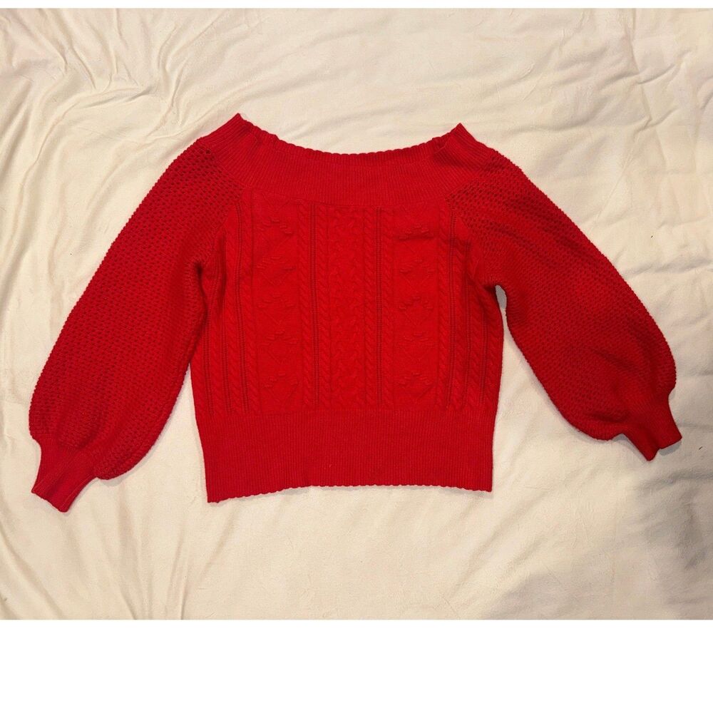 Willow Root Red Cable Knit Heart Sweater Balloon Sleeve Boat Neck Womens XL(395)